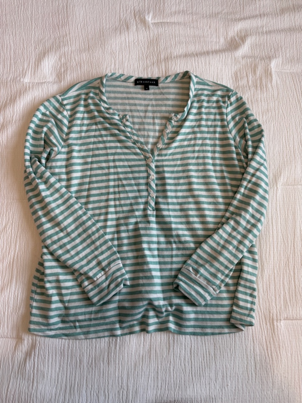 Mint Green and White Striped Long-Sleeve Henley